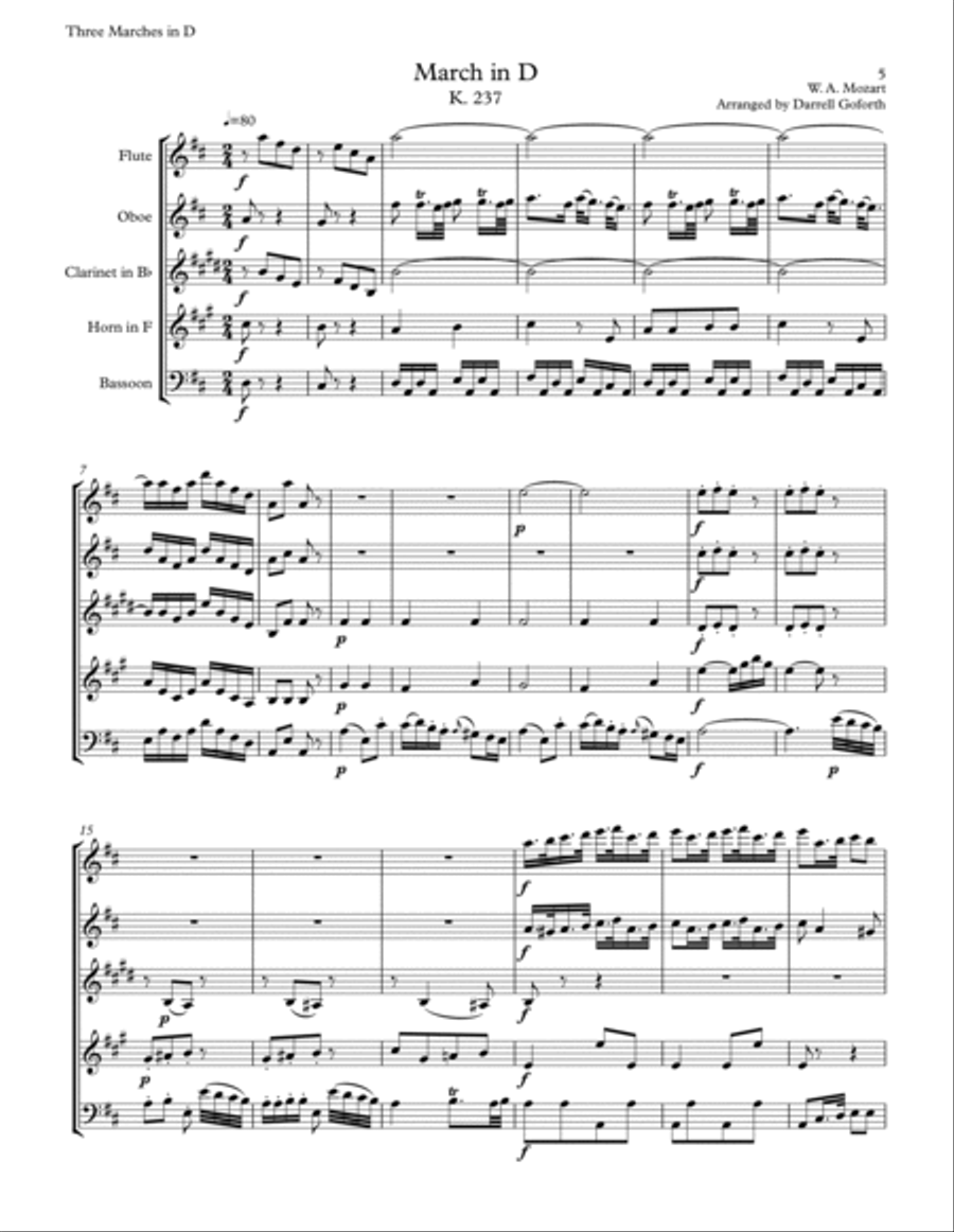 Mozart: Three Marches in D for Woodwind Quintet Woodwind Quintet scores gallery preview page 5