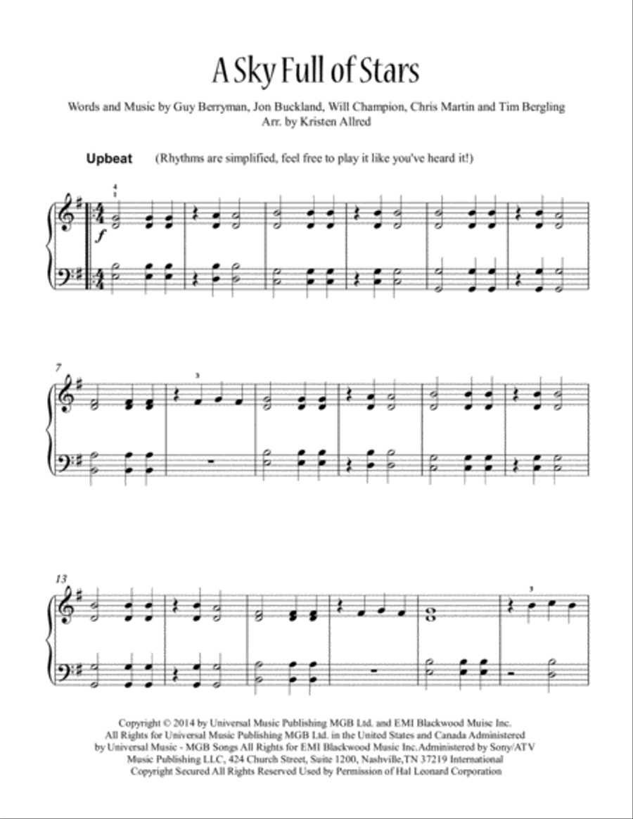 A Sky Full Of Stars Easy Piano scores gallery preview page 1