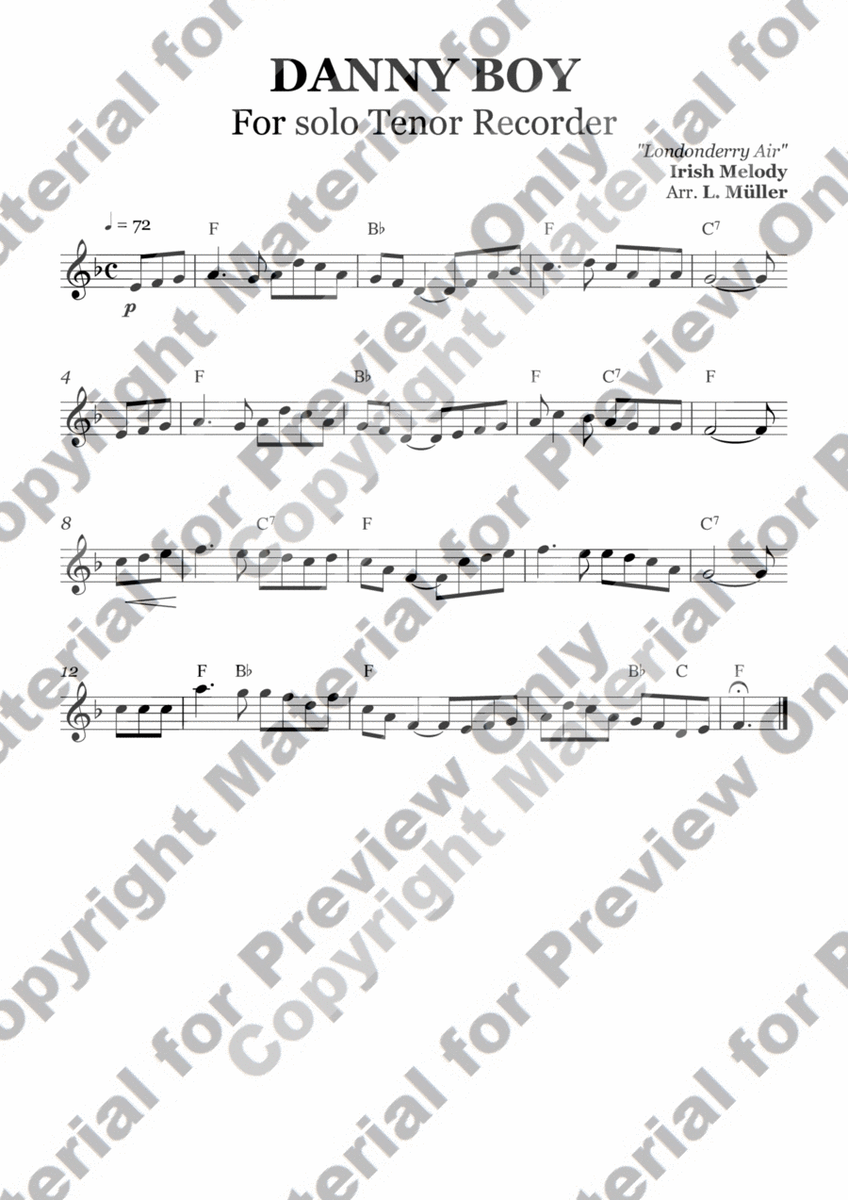 Danny Boy - For Tenor Recorder - With Chords image number null