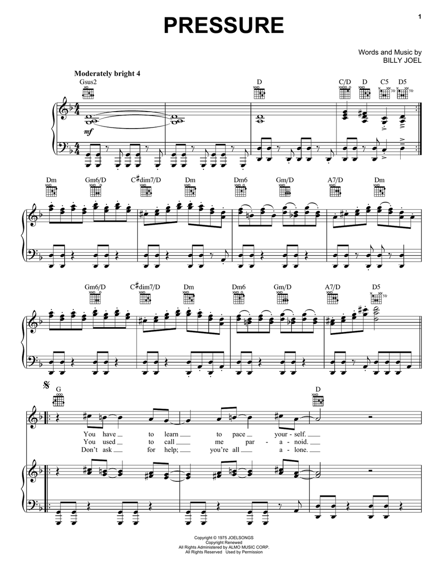 Pressure Piano, Vocal, Guitar scores gallery preview page 1