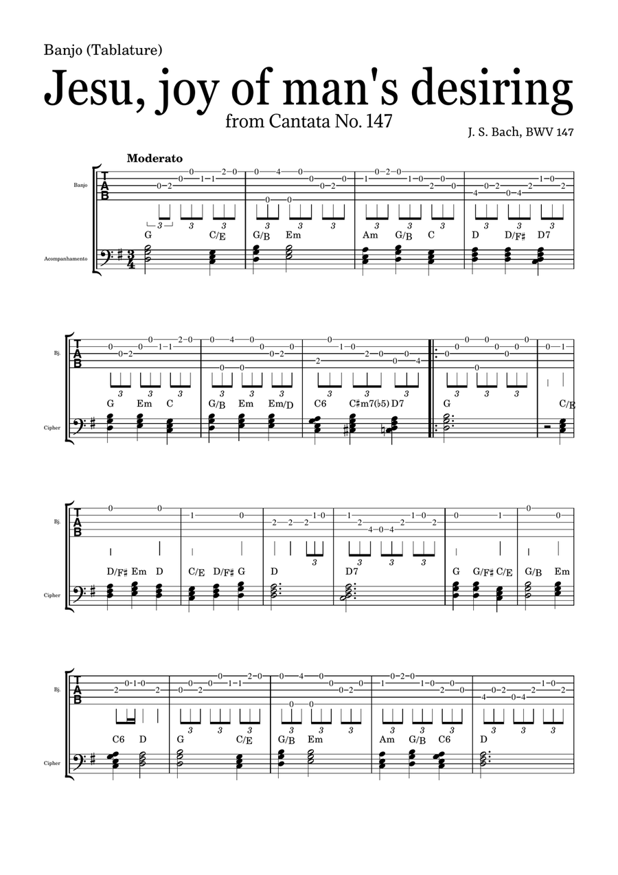 JESU, JOY OF MAN'S DESIRING by Bach - easy version for Banjo (Tablature) and piano with chords Piano, Vocal scores gallery preview page 2