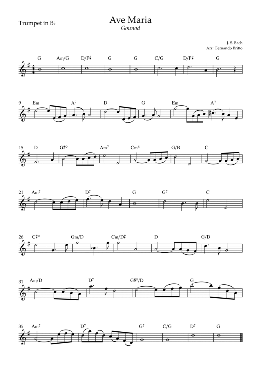 Ave Maria Gounod for Trumpet in Bb Solo with Chords F Major