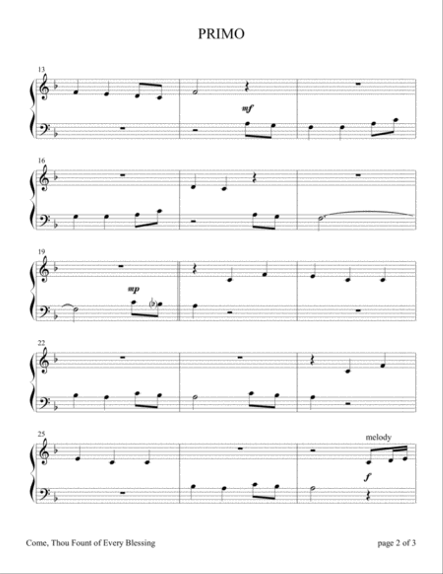 Come, Thou Fount of Every Blessing (Easy Piano Duet, 1 Piano, 4 Hands) Easy Piano scores gallery preview page 2
