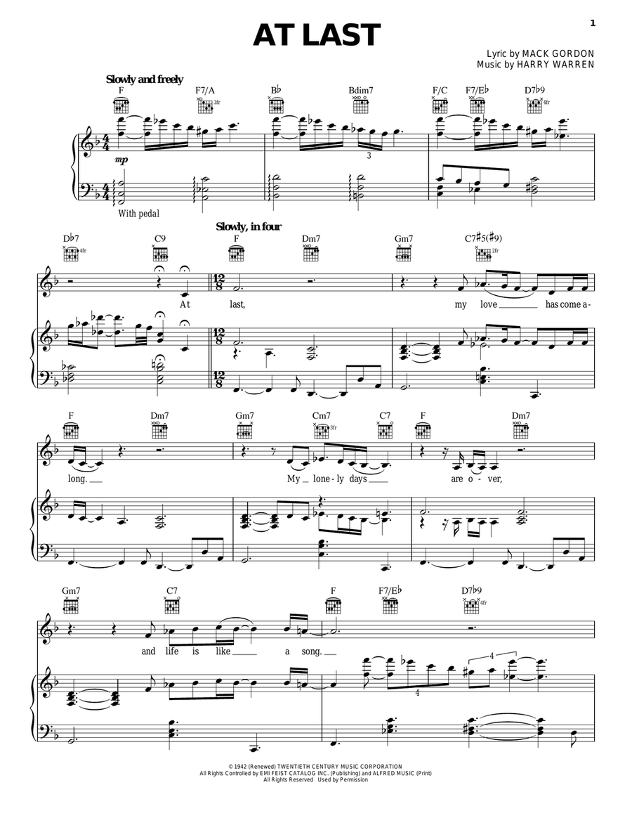 At Last Piano, Vocal, Guitar scores gallery preview page 1