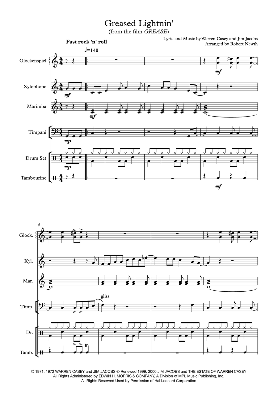 Greased Lightnin' Percussion Ensemble scores gallery preview page 1