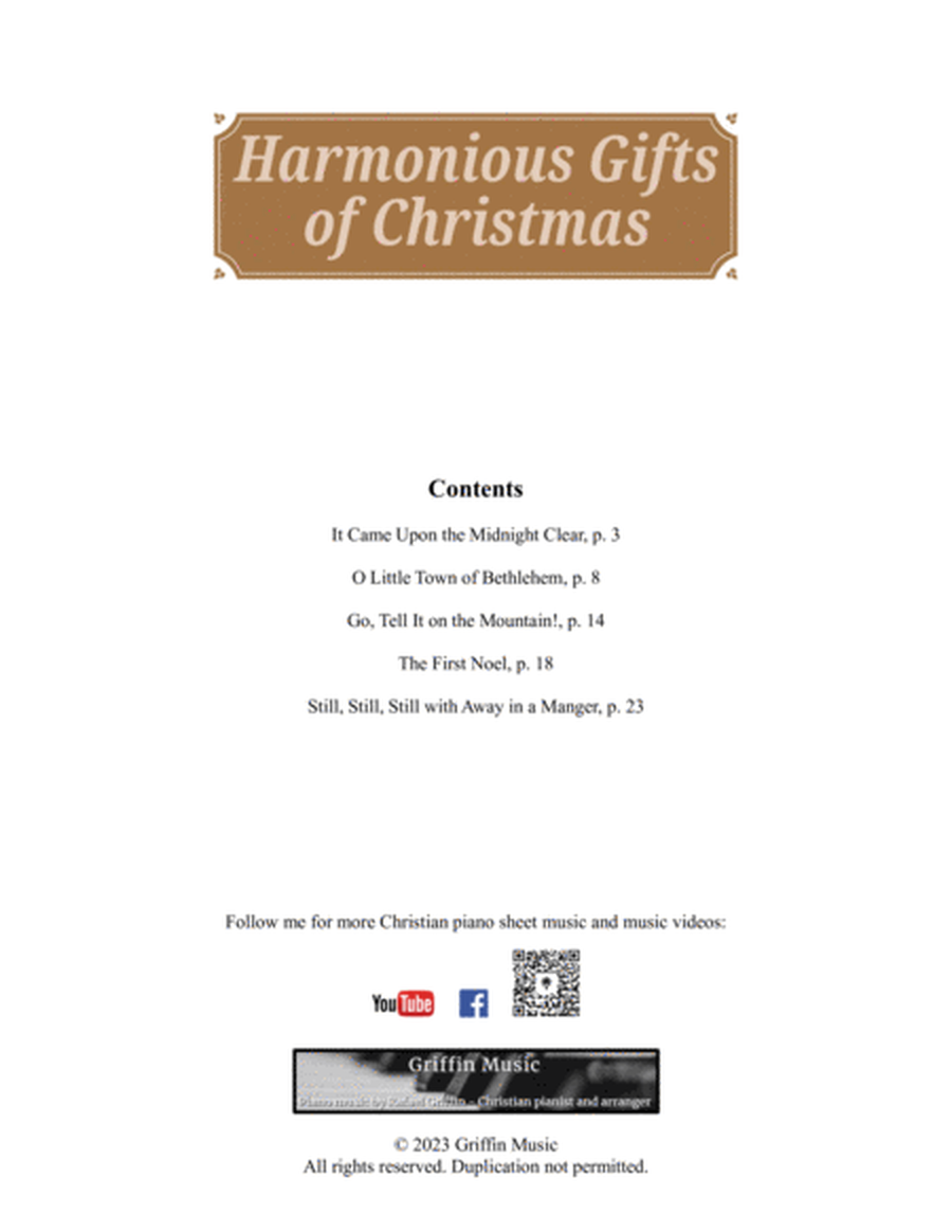Harmonious Gifts of Christmas: a book collection of 5 carols for piano solo image number null