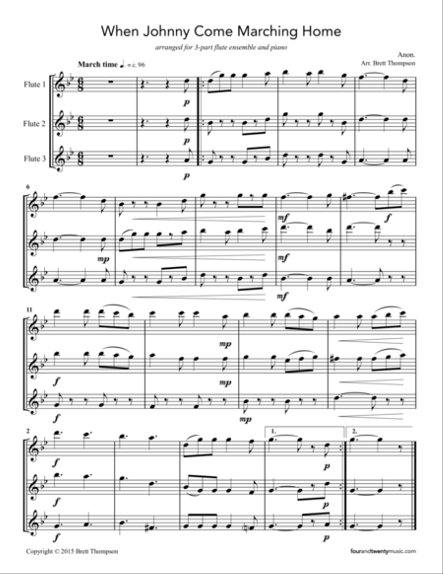 When Johnny Comes Marching Home, arranged for two or three flues and optional piano Flute Solo scores gallery preview page 4