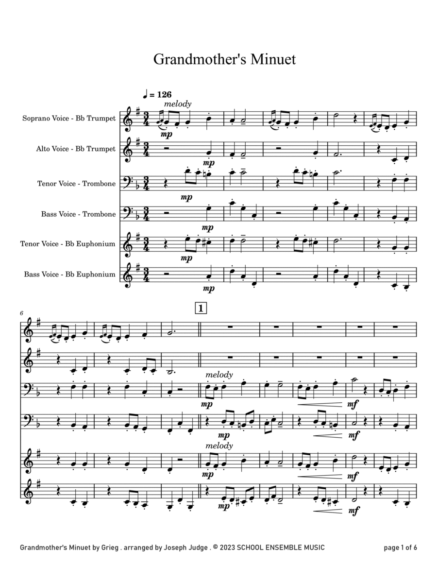 Grandmother's Minuet by Grieg for Brass Quartet in Schools Brass Quartet scores gallery preview page 1