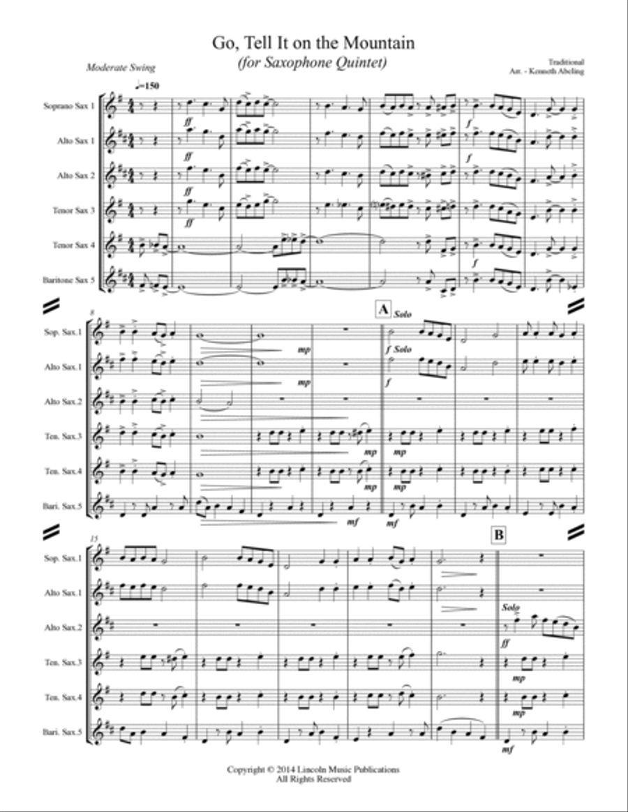 Go Tell it on the Mountain (for Saxophone Quintet SATTB or AATTB) Saxophone Quintet scores gallery preview page 2