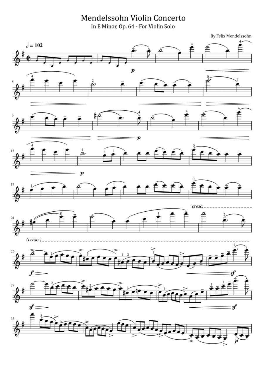 Mendelssohn - Violin Concerto In E Minor, Op.64 - For Violin Solo With Fingered Violin Solo scores gallery preview page 1