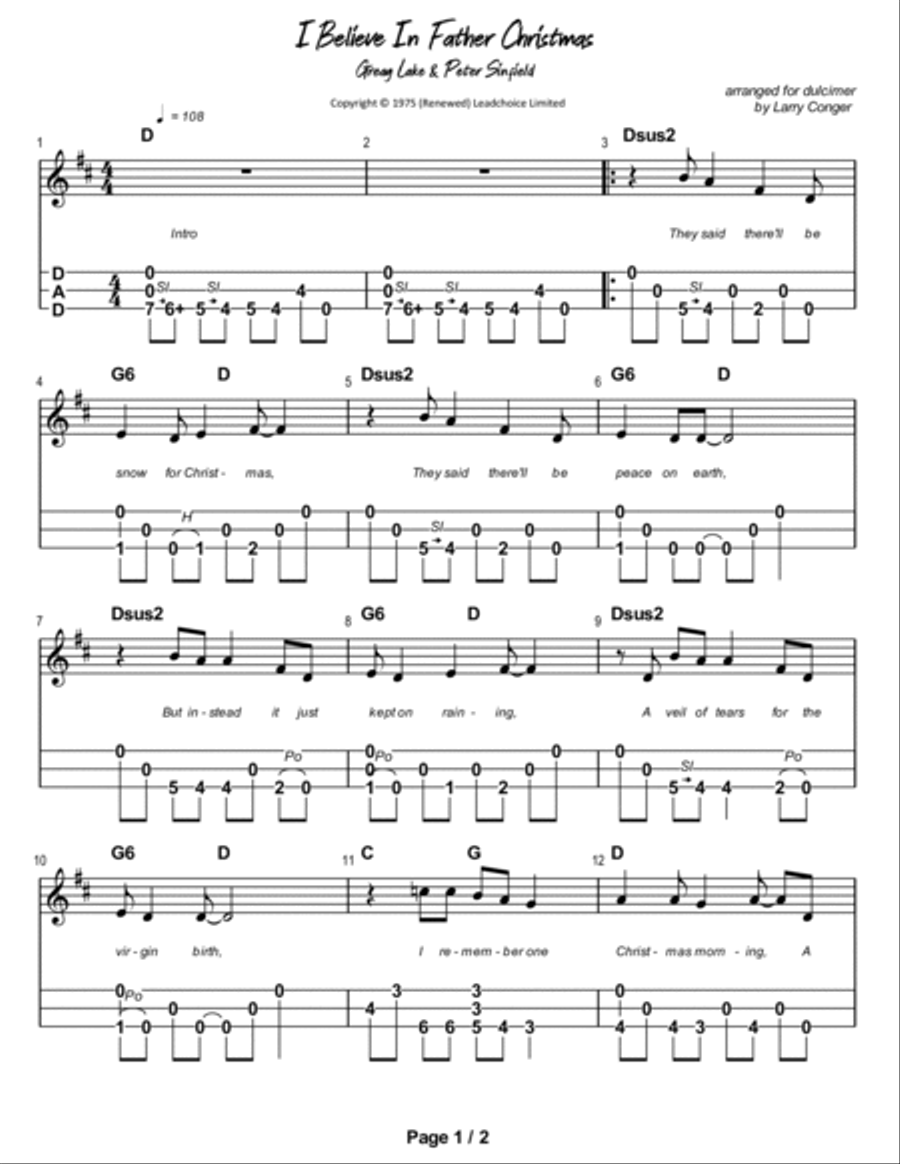 I Believe In Father Christmas Dulcimer scores gallery preview page 2