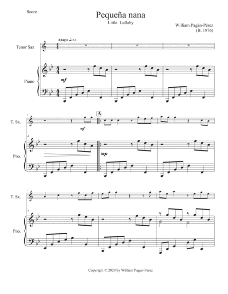 Little Lullaby (Pequeña nana) for Tenor Sax and Piano Tenor Saxophone scores gallery preview page 2