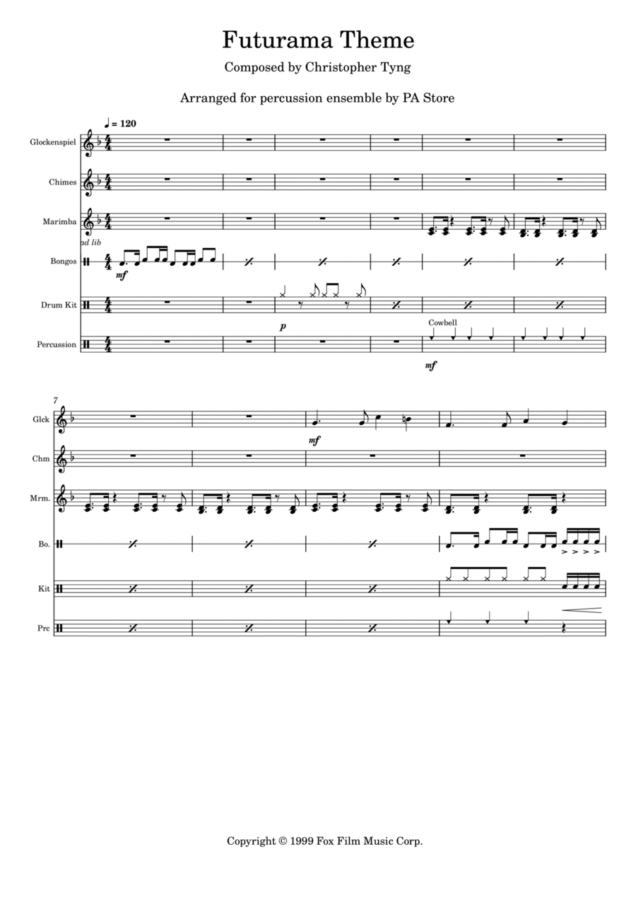 Futurama Theme Percussion Ensemble scores gallery preview page 1