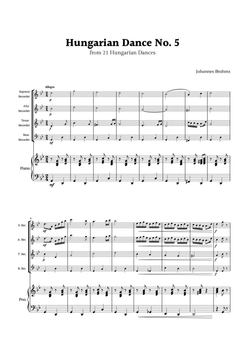 Hungarian Dance No. 5 by Brahms for Recorder Ensemble Quartet and Piano image number null