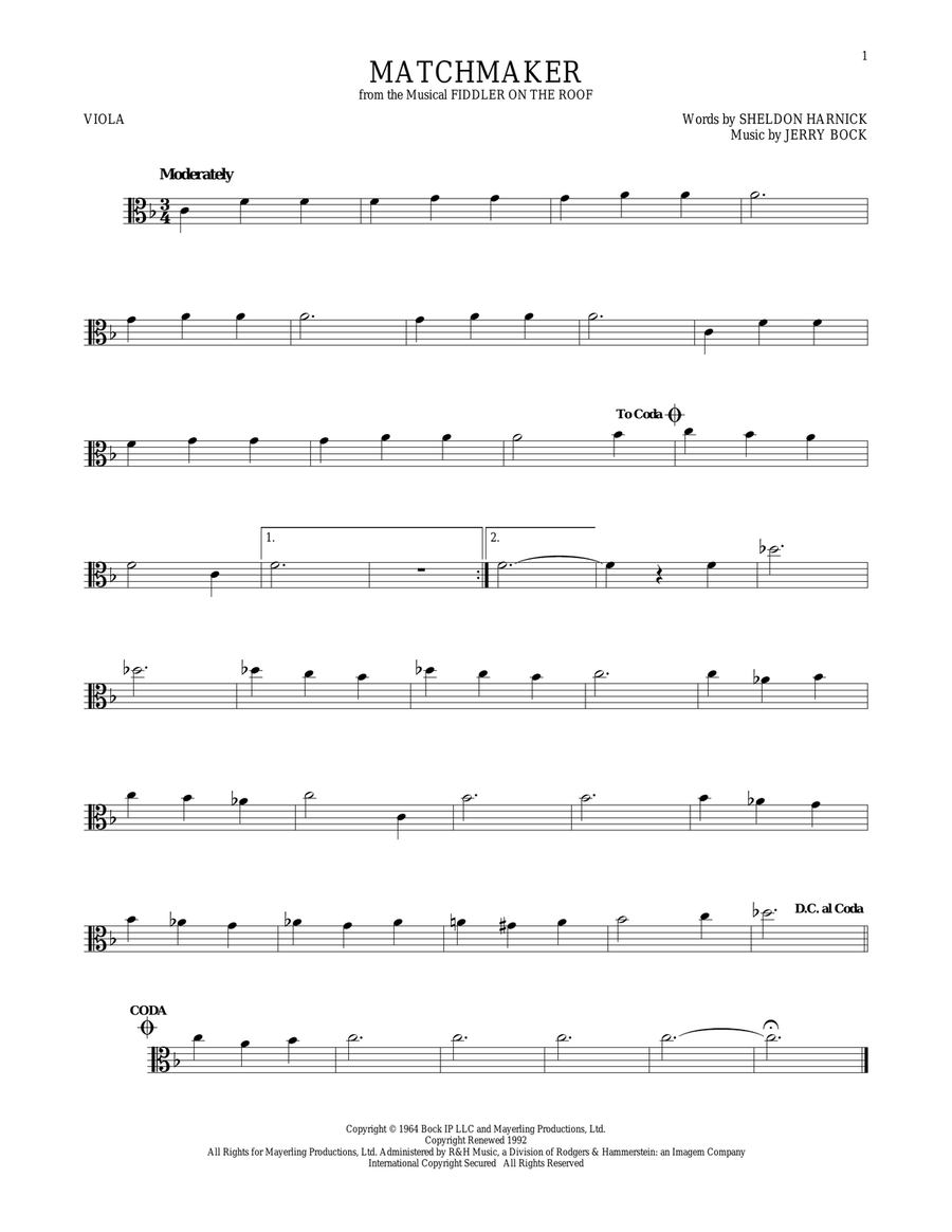 Matchmaker (from Fiddler On The Roof) Viola Solo scores gallery preview page 1