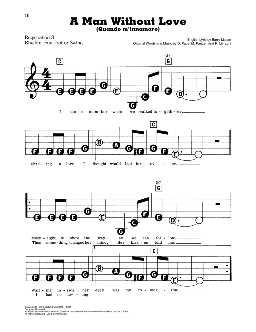 A Man Without Love (Quando M'Innamoro) Electronic Keyboard scores gallery preview page 1