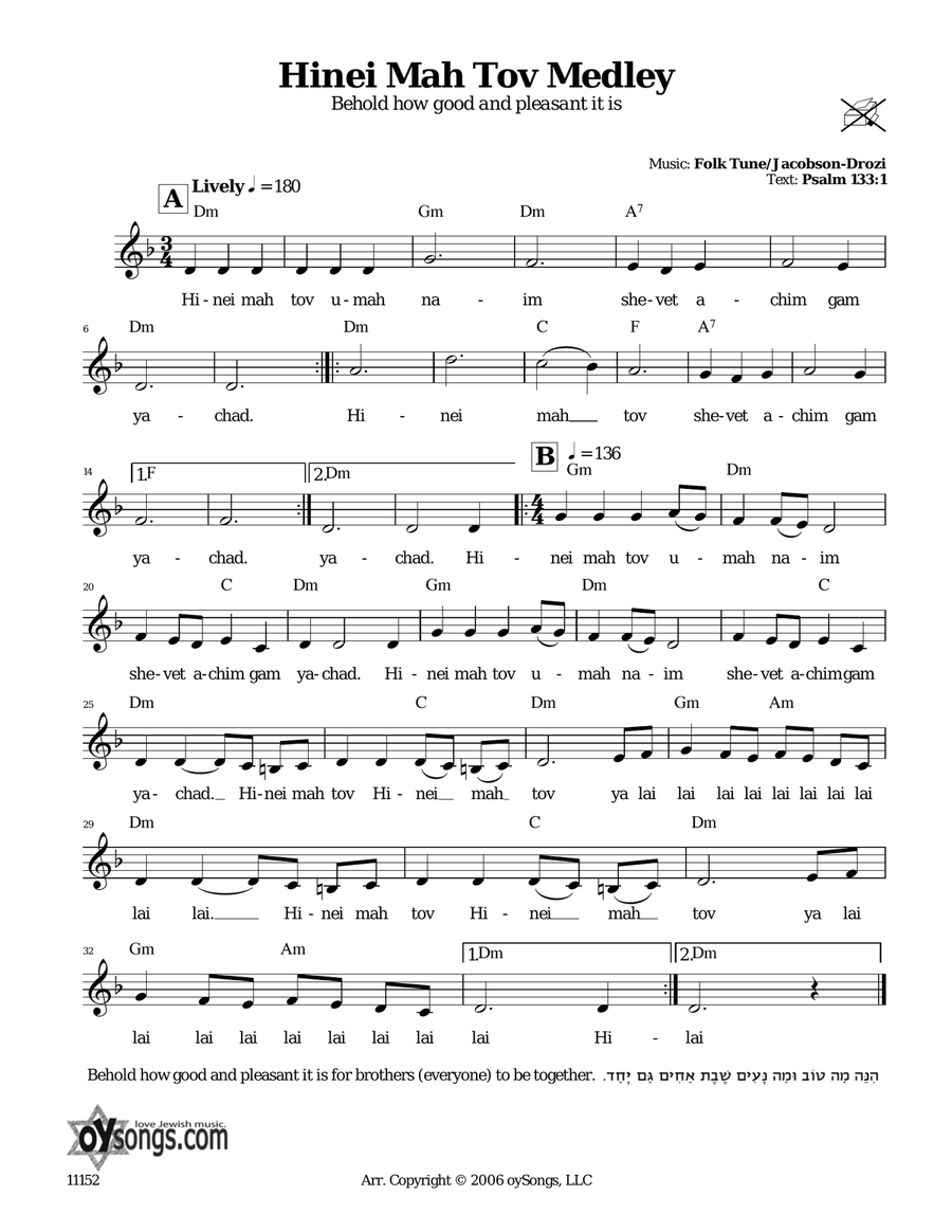 Hinei Mah Tov Medley (Behold How Good And Pleasant It Is) Piano scores gallery preview page 1