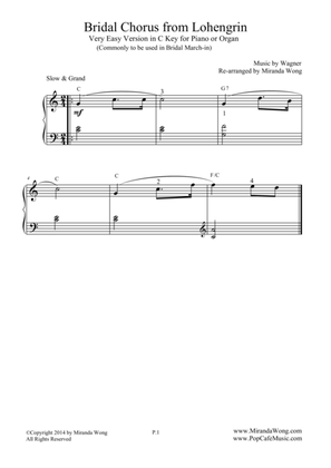 Bridal Chorus - Very Easy Piano Version in C Key (Bridal March)