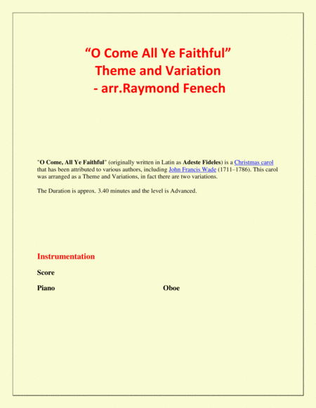 O Come All Ye Faithful (Adeste Fidelis) - Theme and Variation for Oboe and Piano - Advanced Level image number null