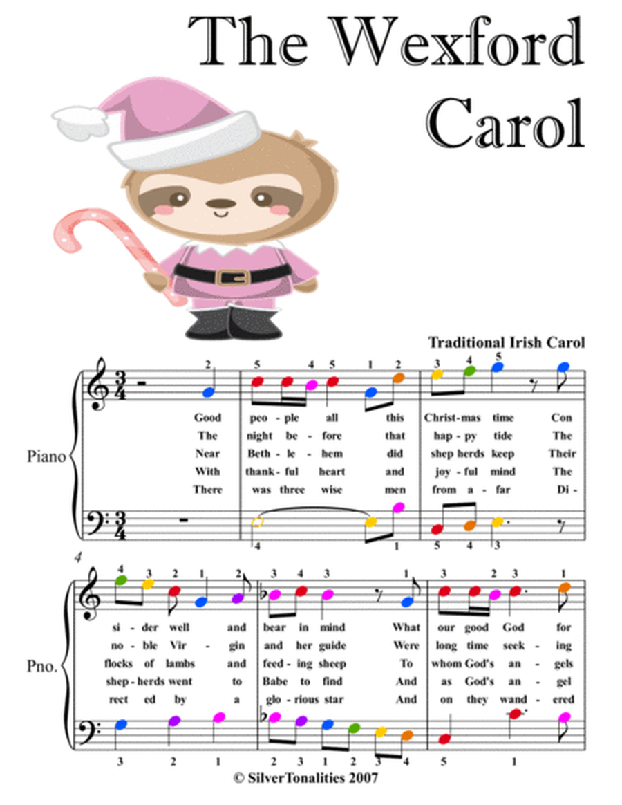 The Wexford Carol Easy Piano Sheet Music with Colored Notation