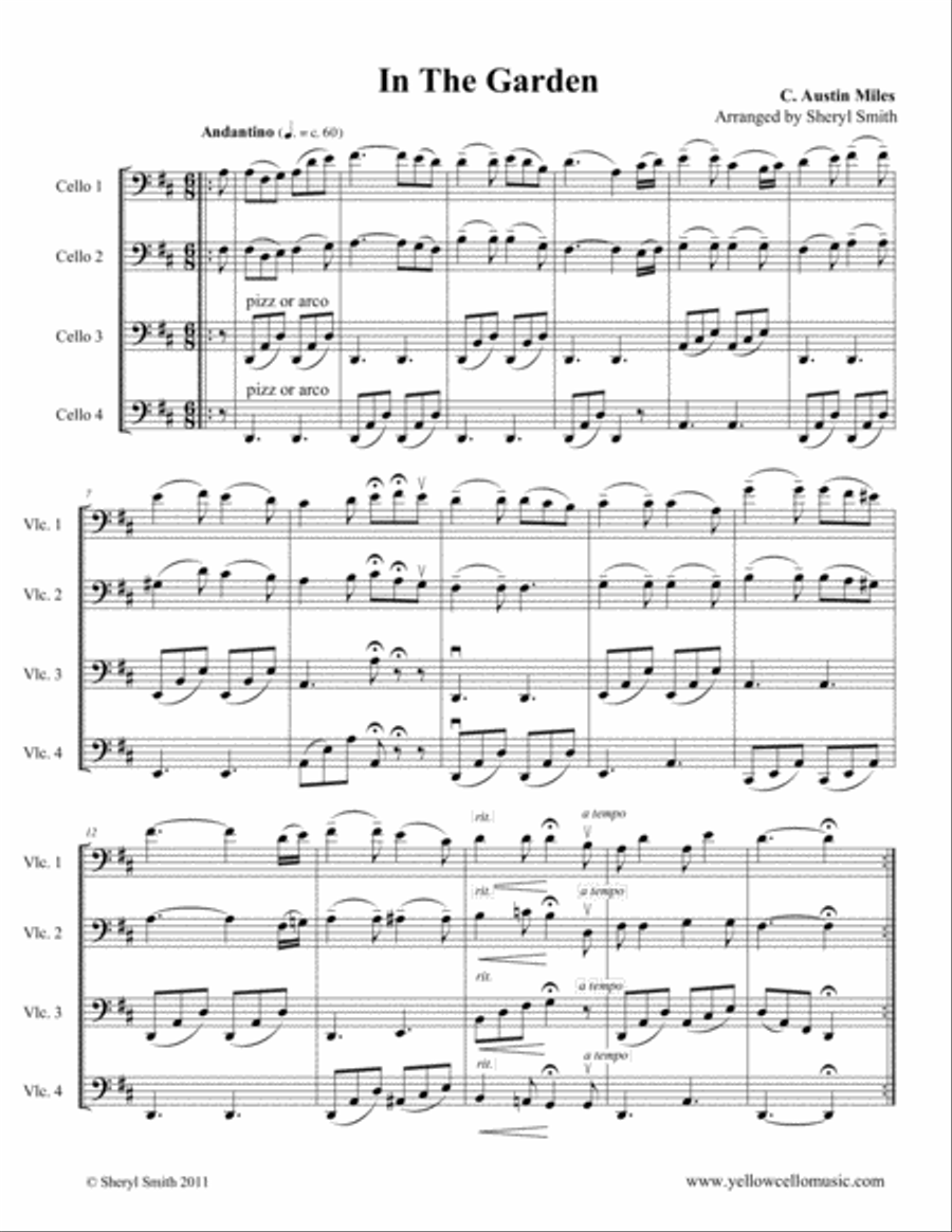In The Garden, a traditional Christian hymn arranged for four intermediate cellists (cello quartet, Cello scores gallery preview page 1