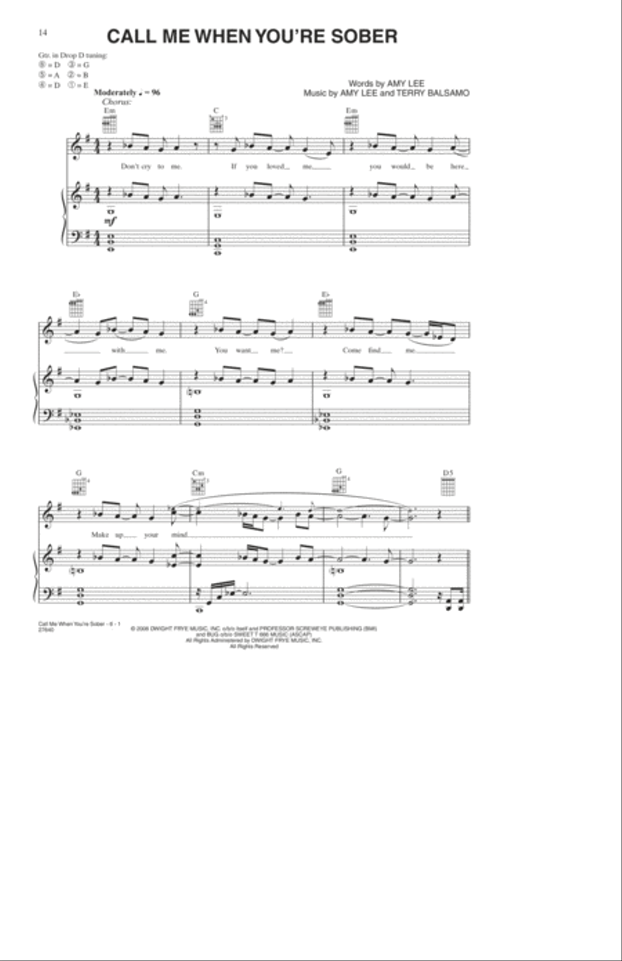 Call Me When You're Sober Piano, Vocal, Guitar scores gallery preview page 1