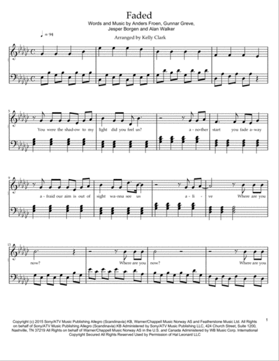 Faded Piano Solo scores gallery preview page 1