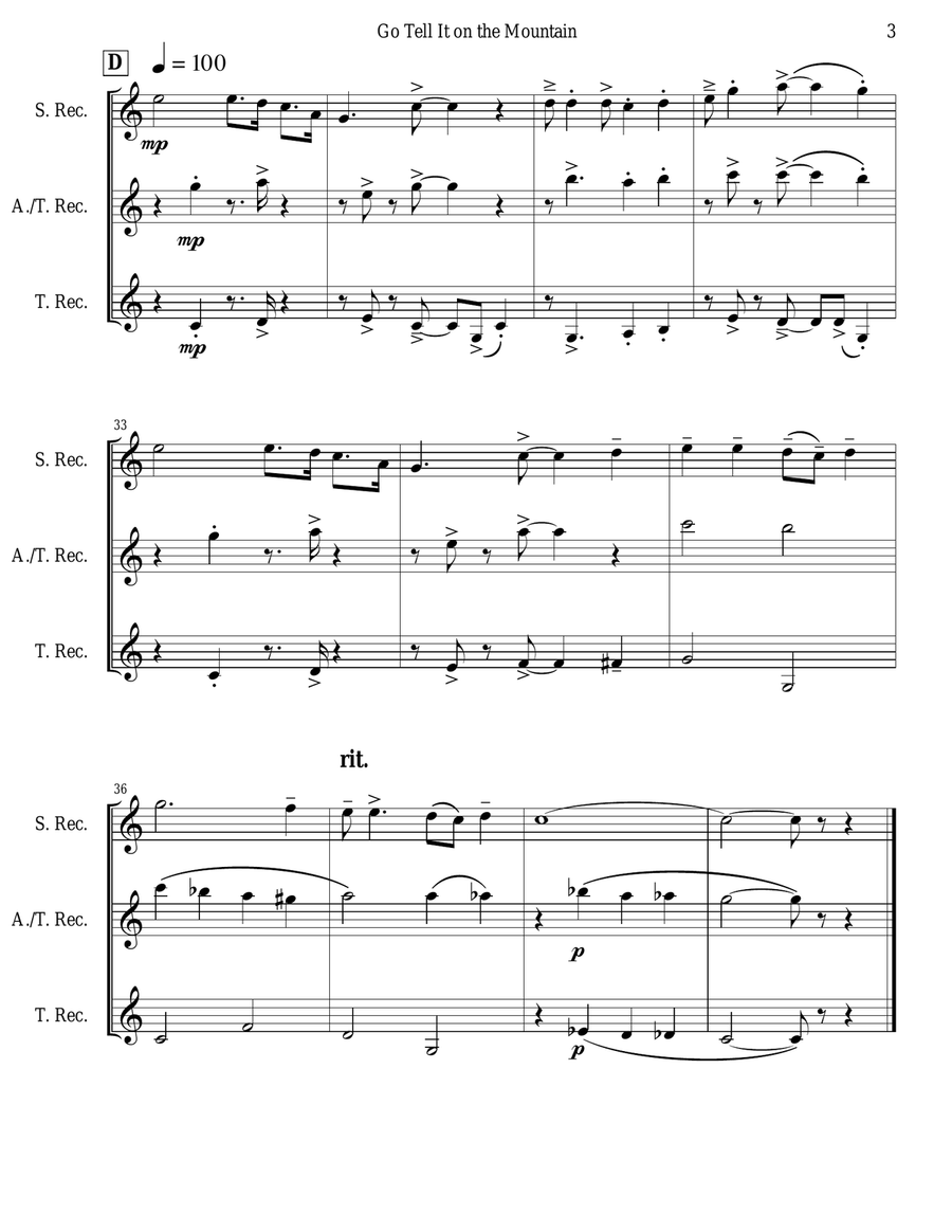Go Tell It on the Mountain (Recorder Trio) Soprano Recorder scores gallery preview page 3