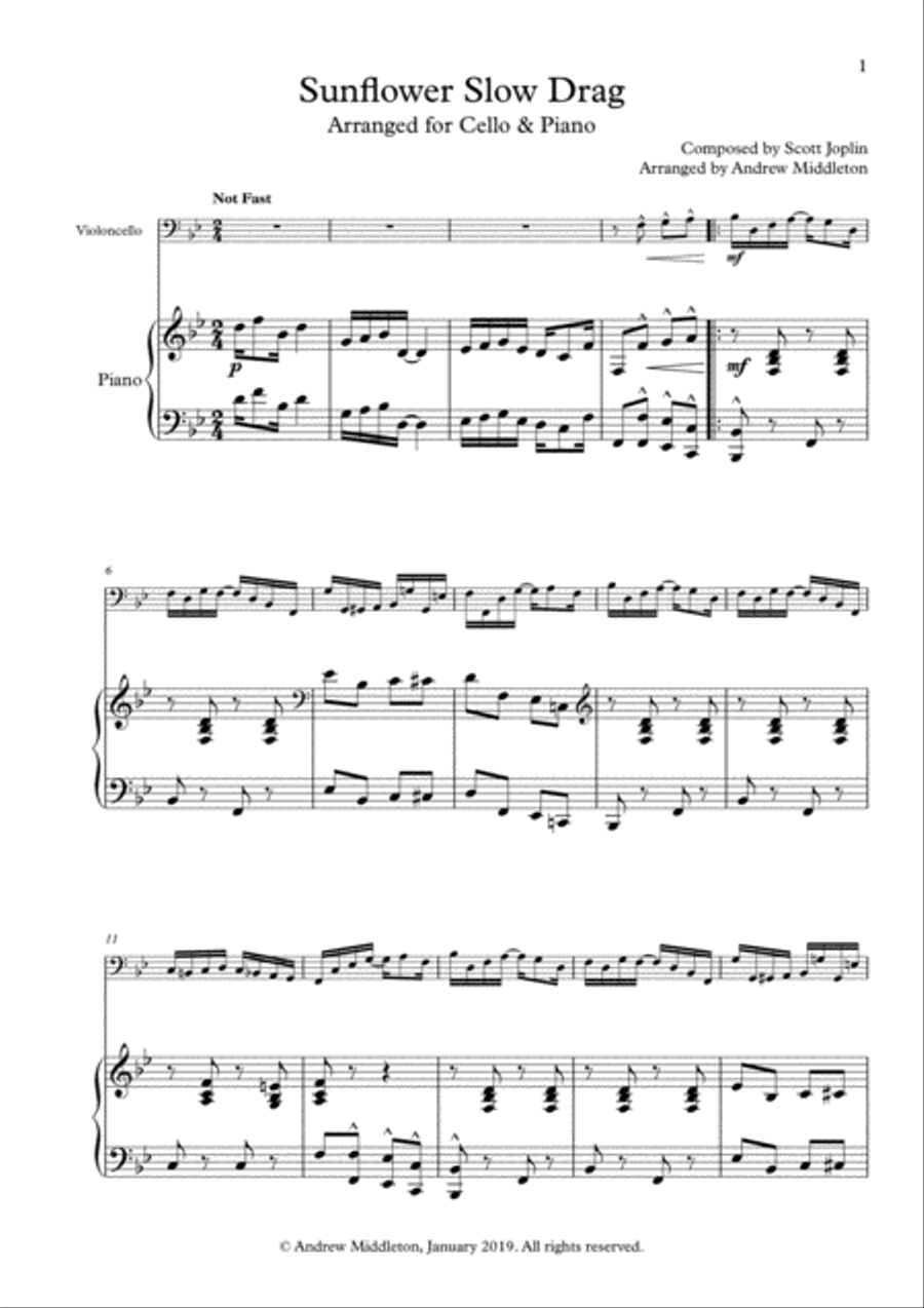 Sunflower Slow Drag arranged for Cello and Piano Small Ensemble scores gallery preview page 3