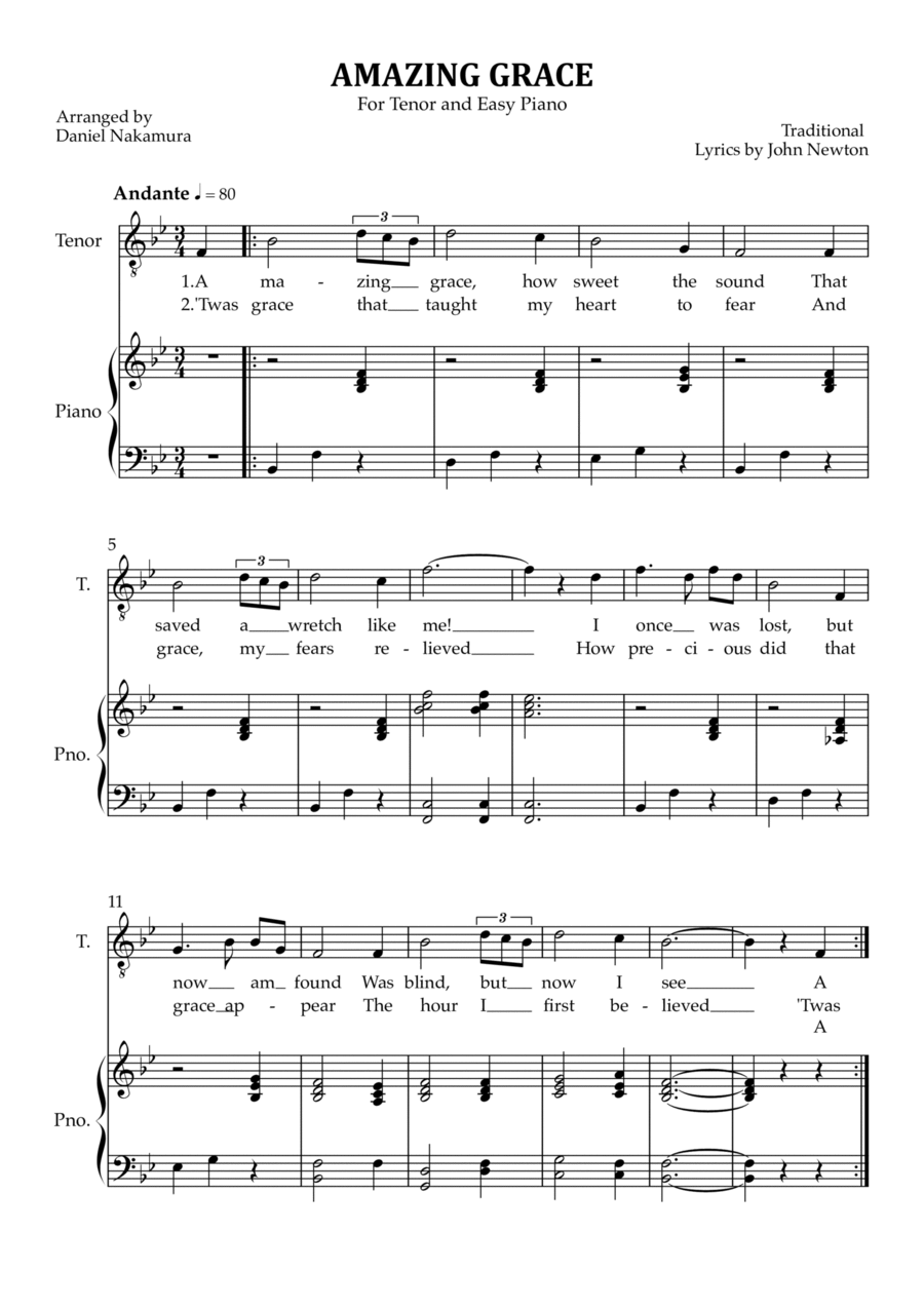 Amazing Grace (for tenor vocal with easy piano) Voice scores gallery preview page 1
