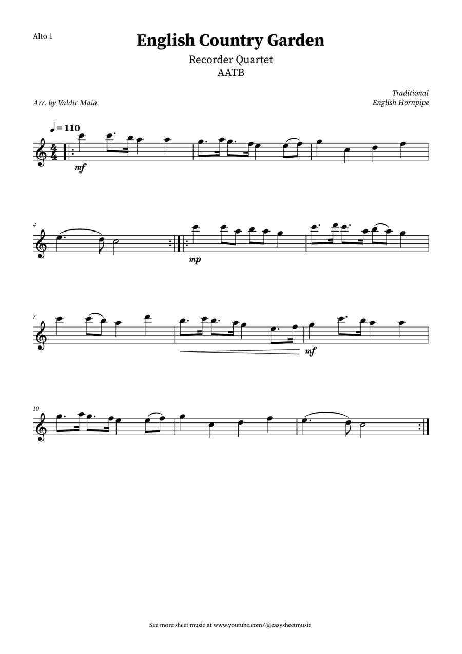 English Country Garden – Recorder Quartet (AATB + Optional Piano) 4-Part scores gallery preview page 3