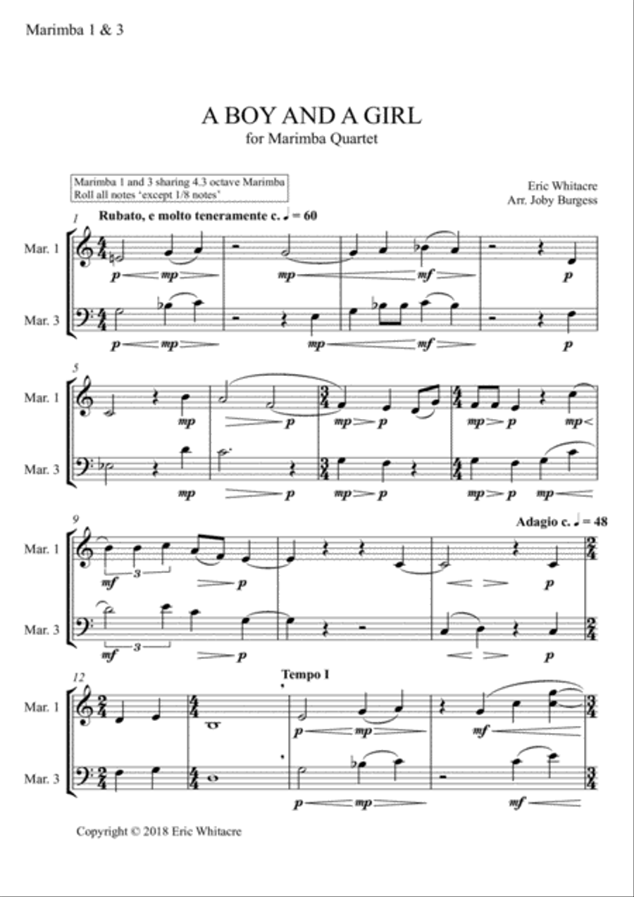A Boy And A Girl for Marimba Quartet (arr. Joby Burgess) - MARIMBA 1 & 3 Percussion Ensemble scores gallery preview page 1