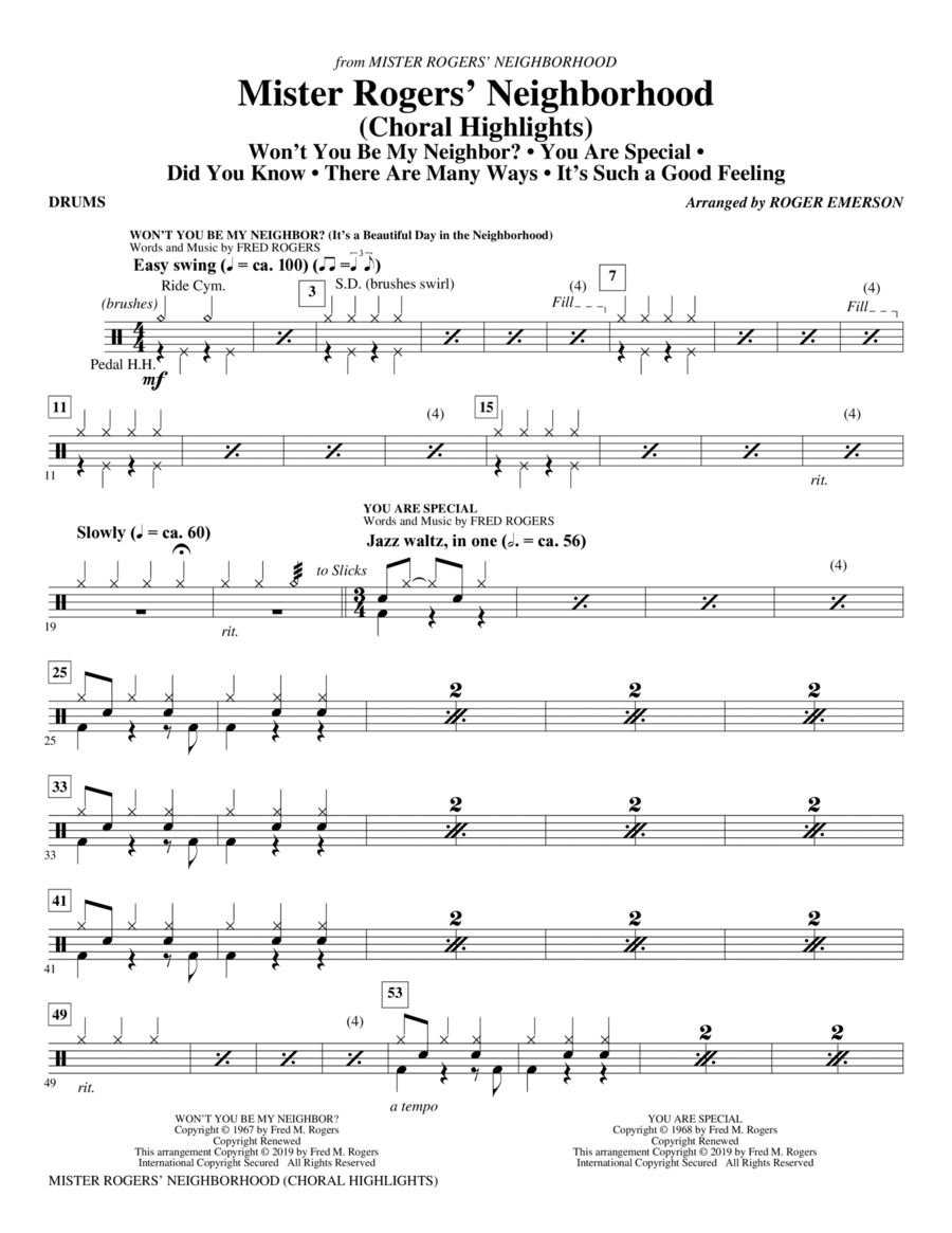 Mister Rogers' Neighborhood (Choral Highlights) (arr. Roger Emerson) - Drums Choir scores gallery preview page 1