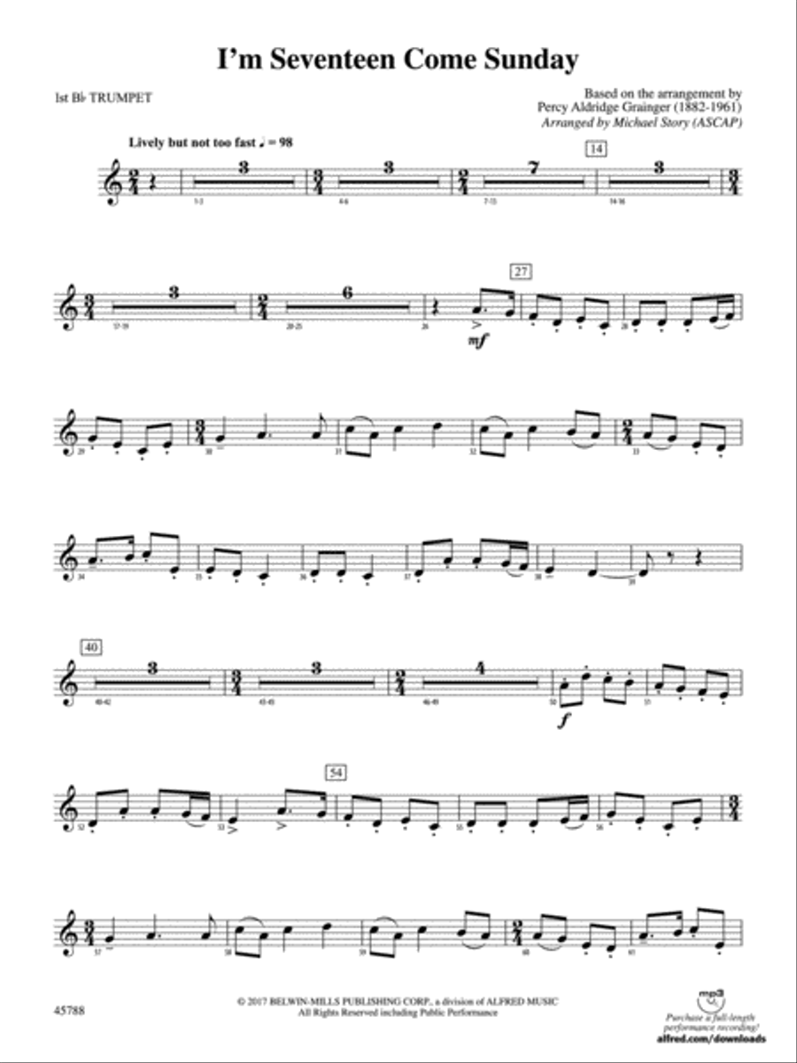 I'm Seventeen Come Sunday: 1st B-flat Trumpet Concert Band scores gallery preview page 1
