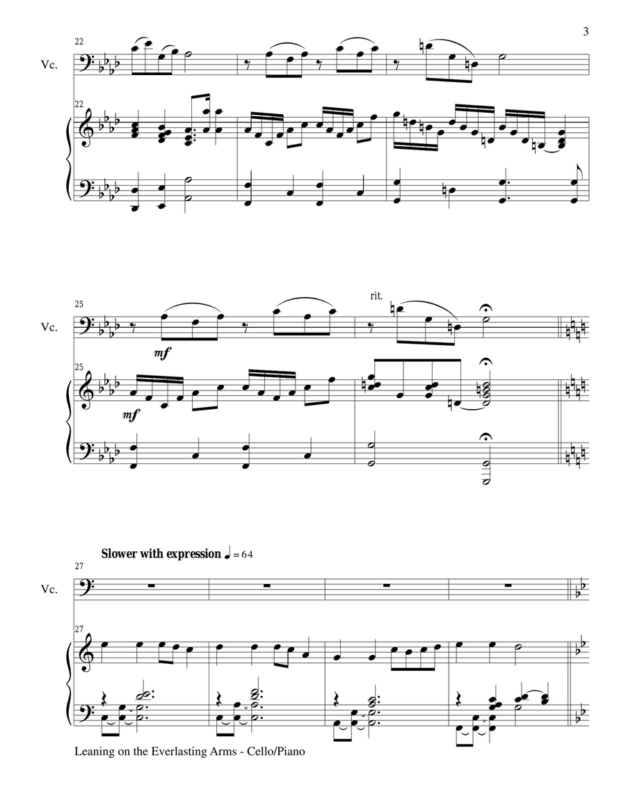 LEANING ON THE EVERLASTING ARMS (Cello/Piano and Cello Part) Piano scores gallery preview page 3