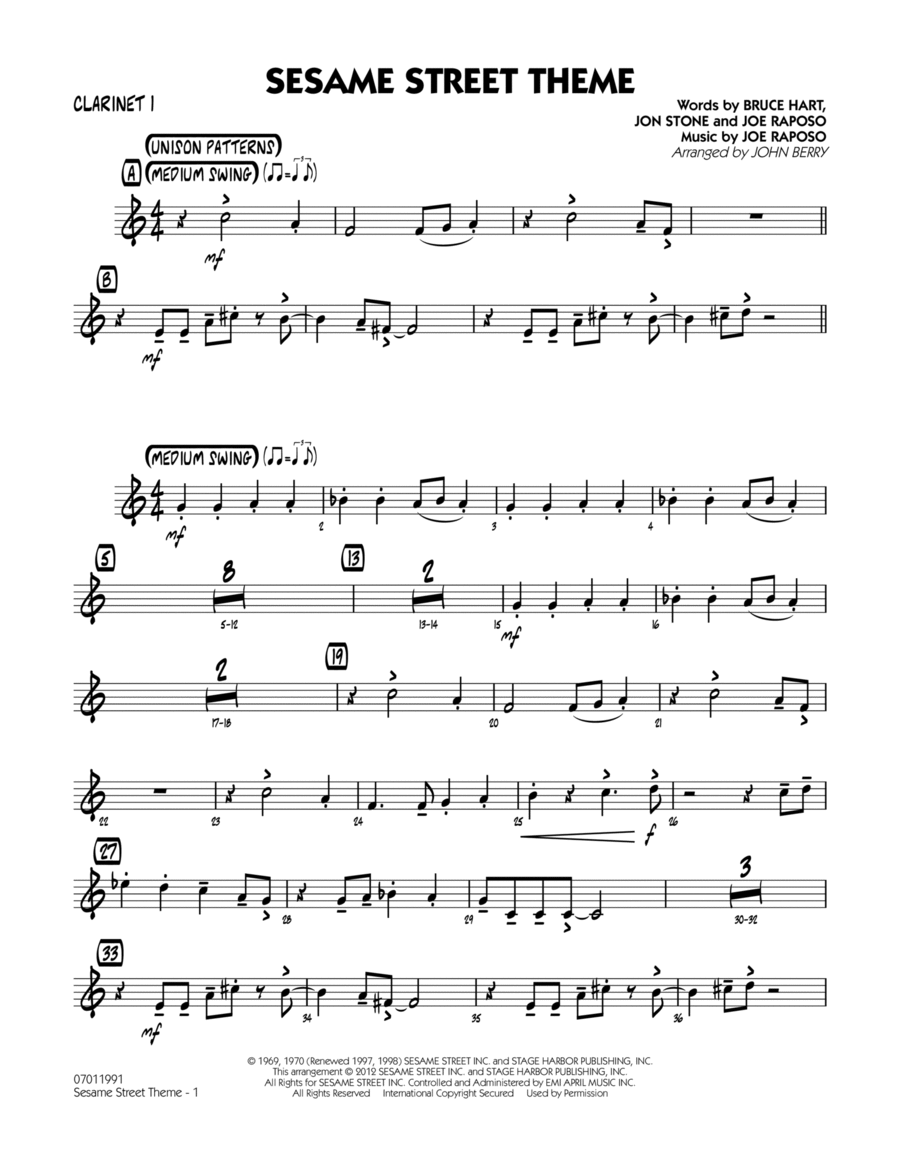 Sesame Street Theme - Bb Clarinet 1 Jazz Ensemble scores gallery preview page 1