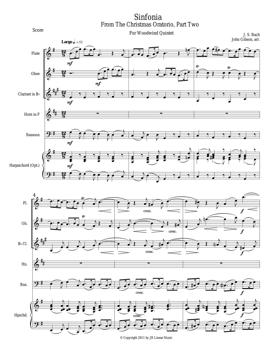 Sinfonia from Bach's Christmas Oratorio for woodwind quintet Woodwind Quintet scores gallery preview page 1