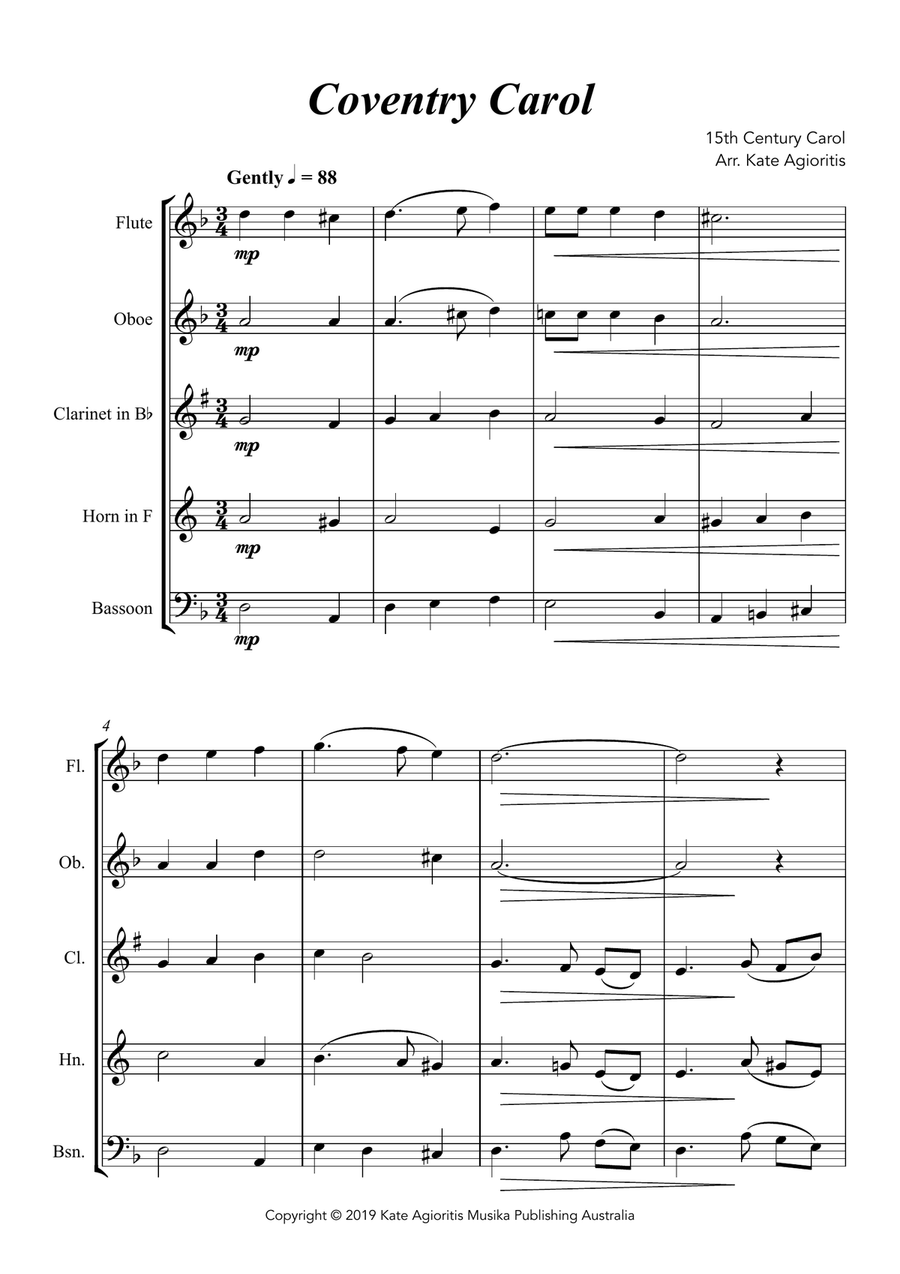 Coventry Carol - Jazz Arrangement - Wind Quintet Woodwind Quintet scores gallery preview page 2