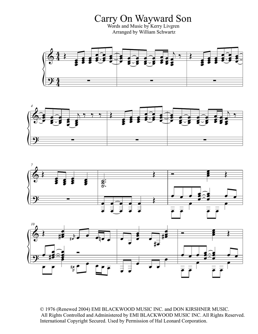Carry On Wayward Son Piano Solo scores gallery preview page 1