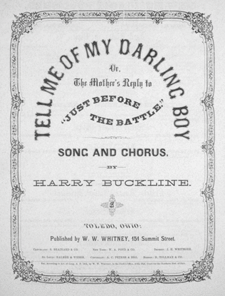 Book cover for Tell me of My Darling Boy, or, The Mother's Reply to "Just Before the Battle." Song and Chorus