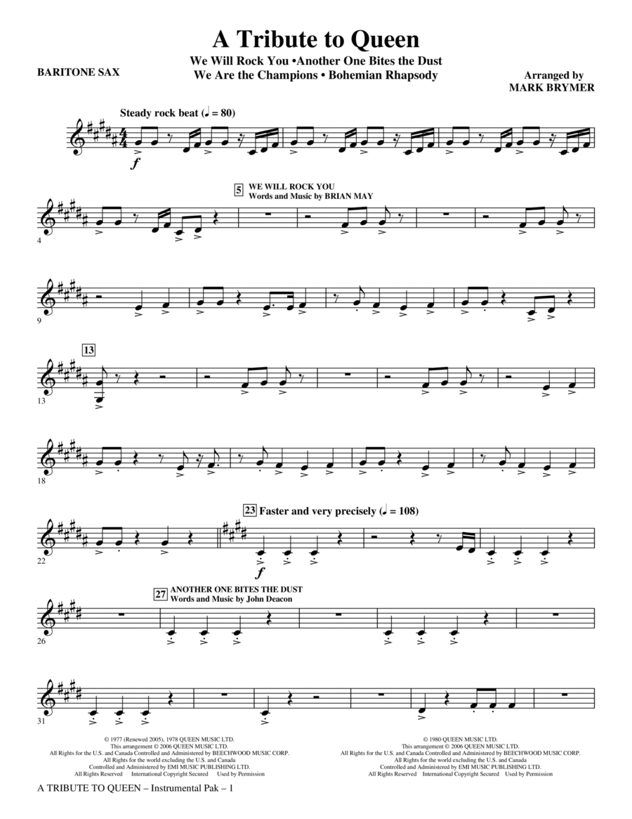 A Tribute To Queen (Medley) (arr. Mark Brymer) - Baritone Sax Choir scores gallery preview page 1
