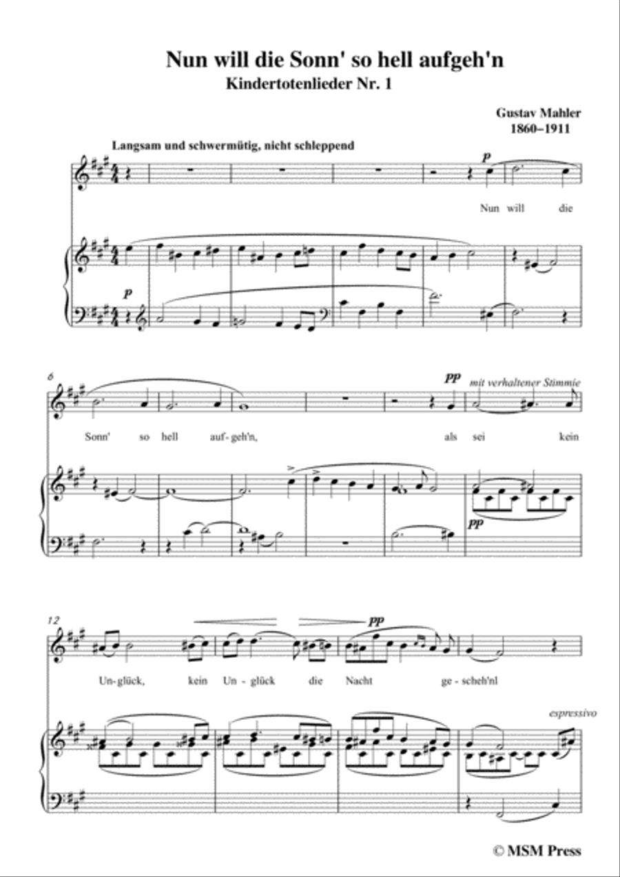 Mahler-Nun will die Sonn' so hell aufgeh'n(Kindertotenlieder Nr.1) in f sharp minor,for Voice and Pi Voice scores gallery preview page 3