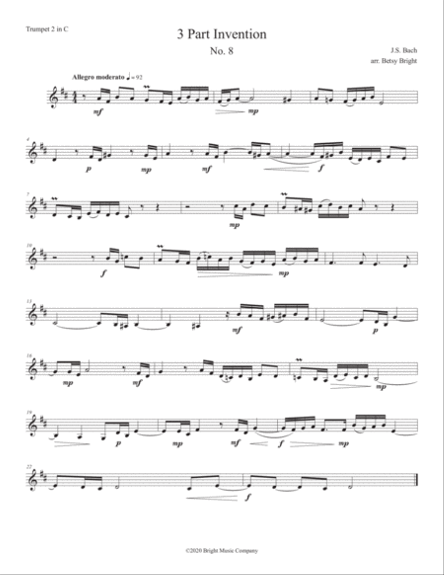 J.S. Bach: Three Part Invention No. 8 (Two C trumpets + tuba) Trumpet Duet scores gallery preview page 3