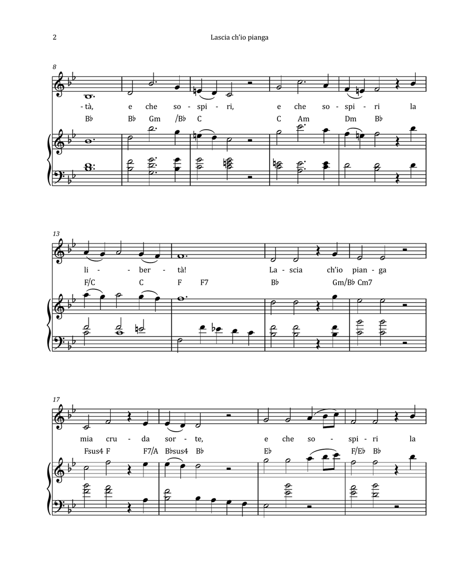 Lascia Ch'io Pianga by Händel - Contralto & Piano in B-flat Major with Chord Notation Chamber Music scores gallery preview page 2