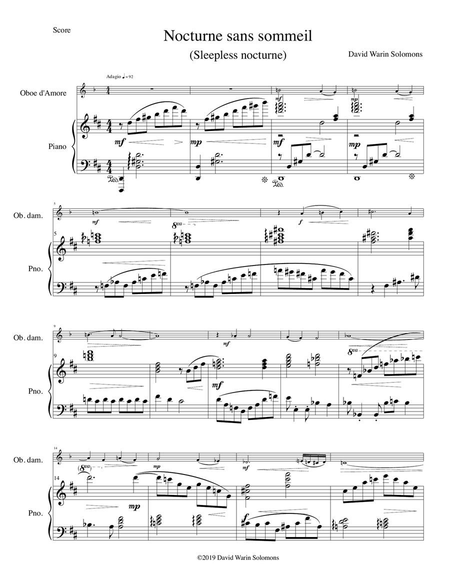 Nocturne sans sommeil (Sleepless nocturne) for oboe d'amore and piano Oboe scores gallery preview page 1