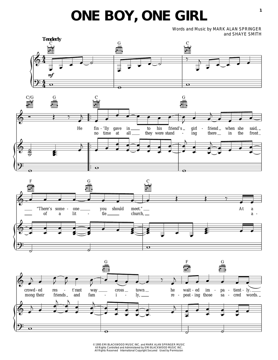 One Boy, One Girl One Boy, One Girl Piano, Vocal, Guitar scores gallery preview page 1