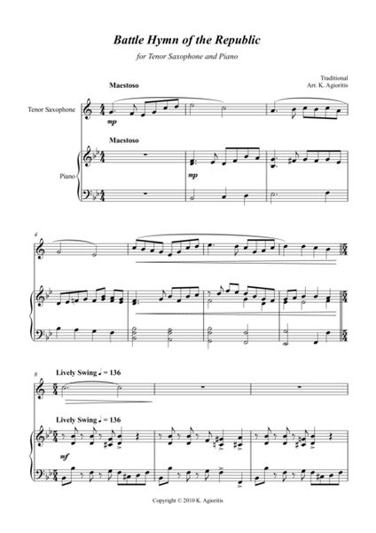 Battle Hymn of the Republic - a Jazz Arrangement - for Tenor Saxophone and Piano image number null