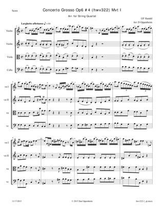 Handel: Concerto Grosso Op 6, #4 (HWV 322) Movement 1 arr. for String Quartet