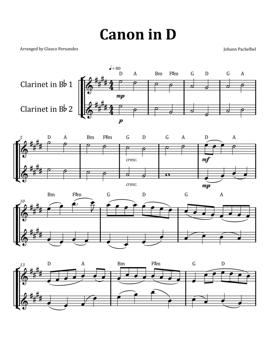 Canon by Pachelbel - Clarinet Duet with Chord Notation image number null