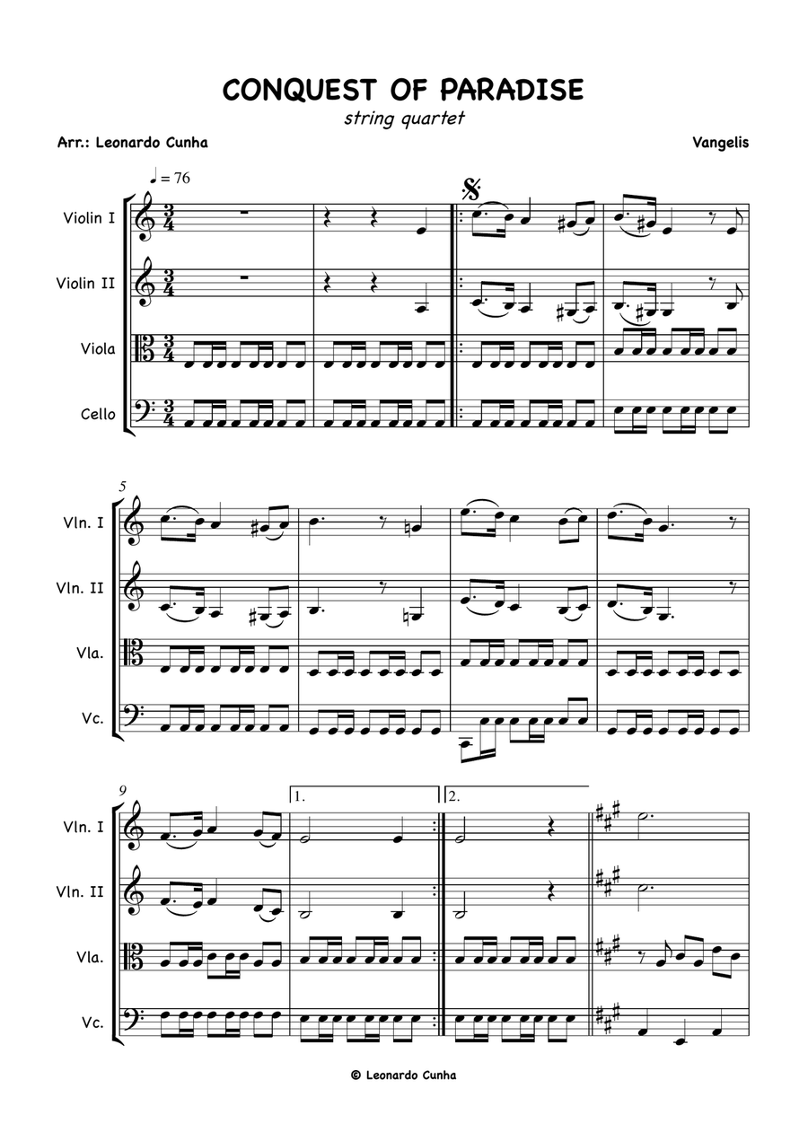 Conquest Of Paradise String Quartet scores gallery preview page 1